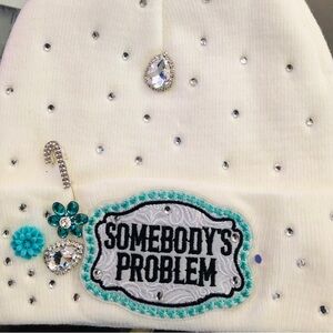 White and Silver Knit Cap with Decorative Patch and Rhinestones